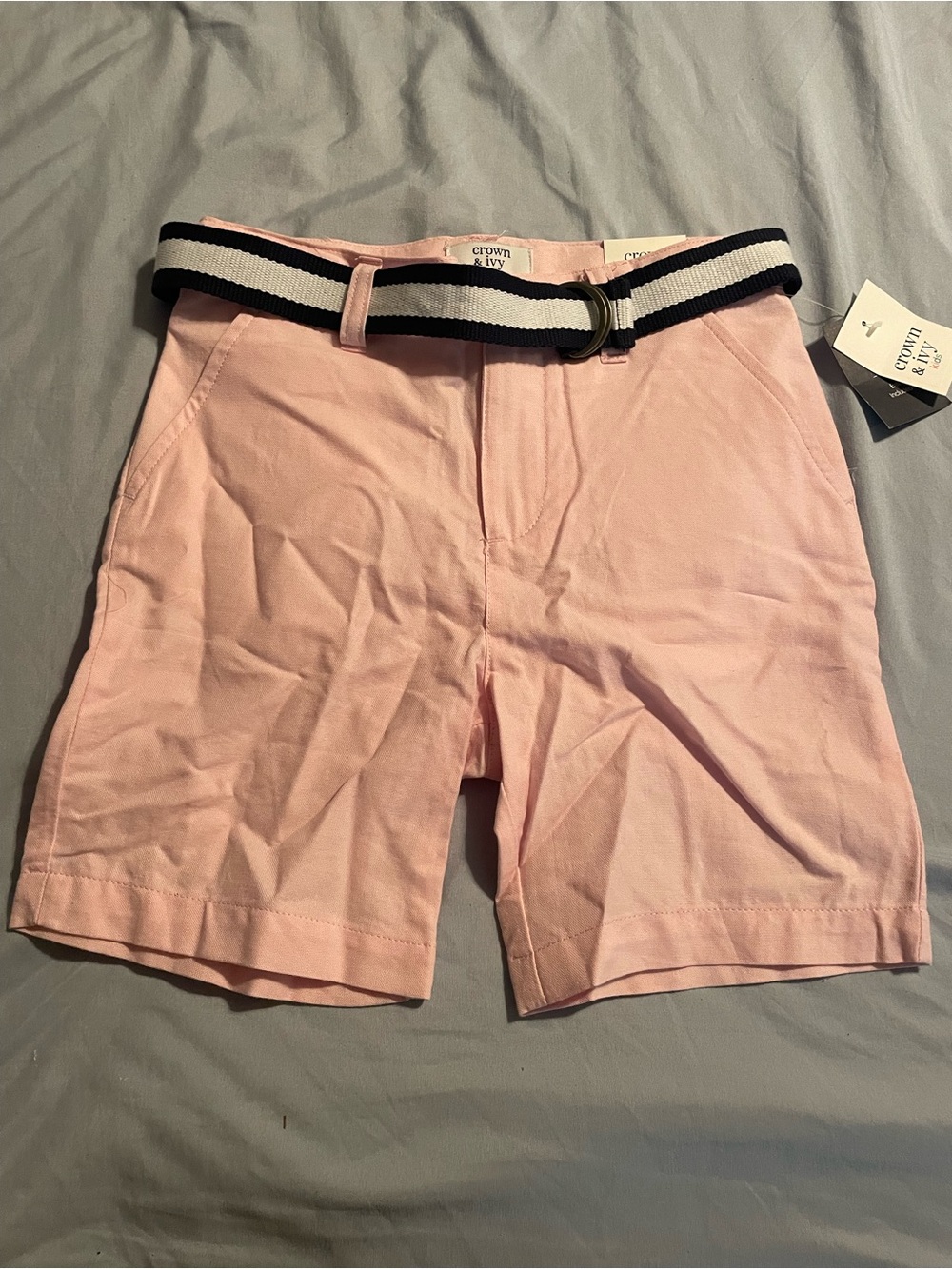 crown & ivy Light Pink Chino Bermuda Shorts with Navy-White Stripe Belt